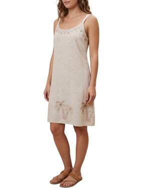 Raya Sun Embroidered Linen Blend Midi Dress, Size M, Palm Tree Beaded Boho Coast